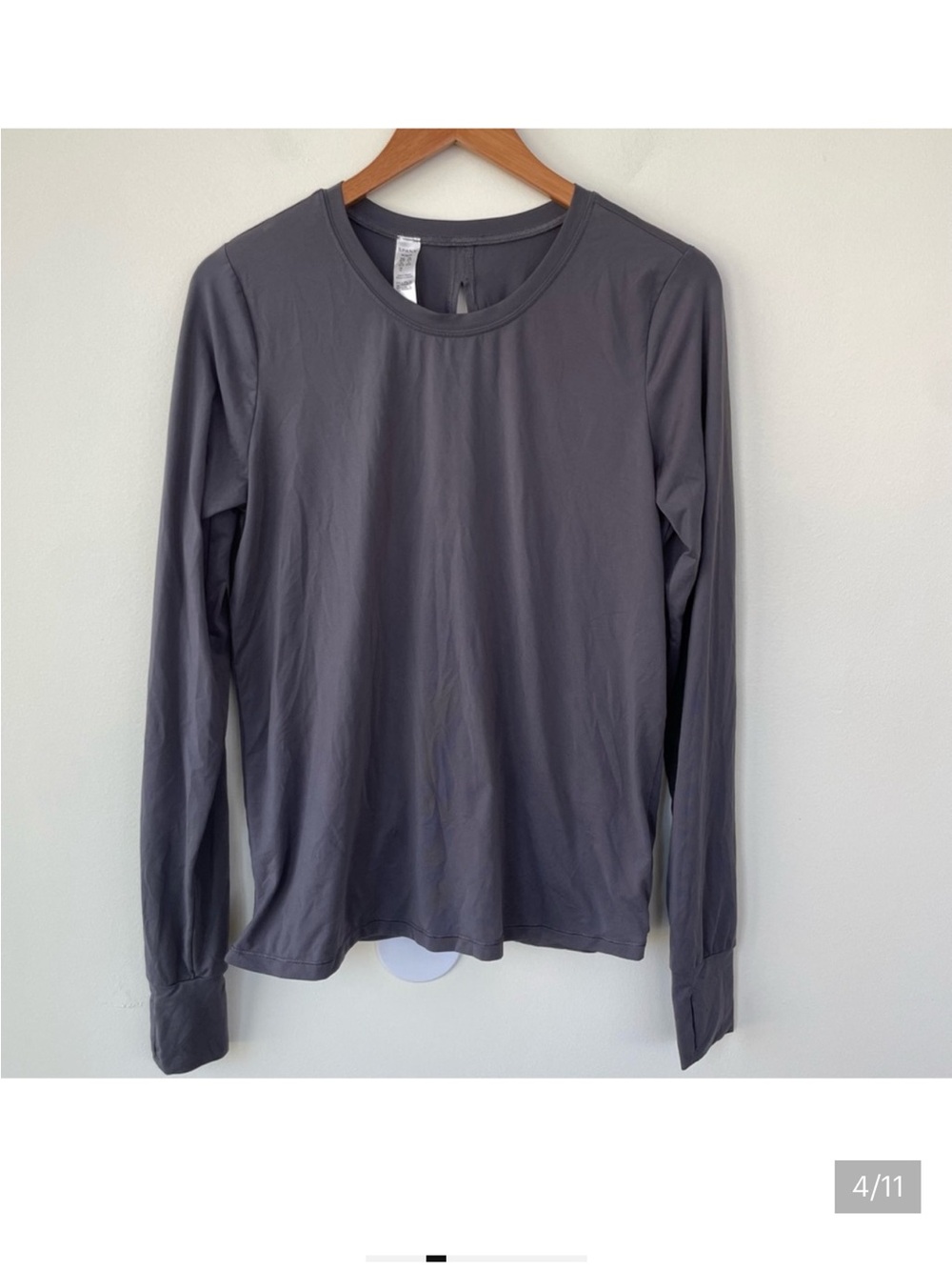 SPANX Open Back Keyhole Faux Wrap Long Sleeve Grey Top M Medium Thumb holes